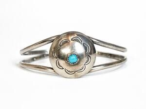 Navajo Sterling Silver Sleeping Beauty Turquoise Concho Cuff Bracelet PCI Signed